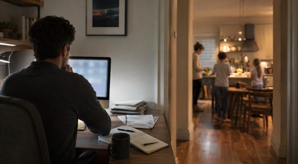 A person at a desk after a game, with family in the kitchen beyond.