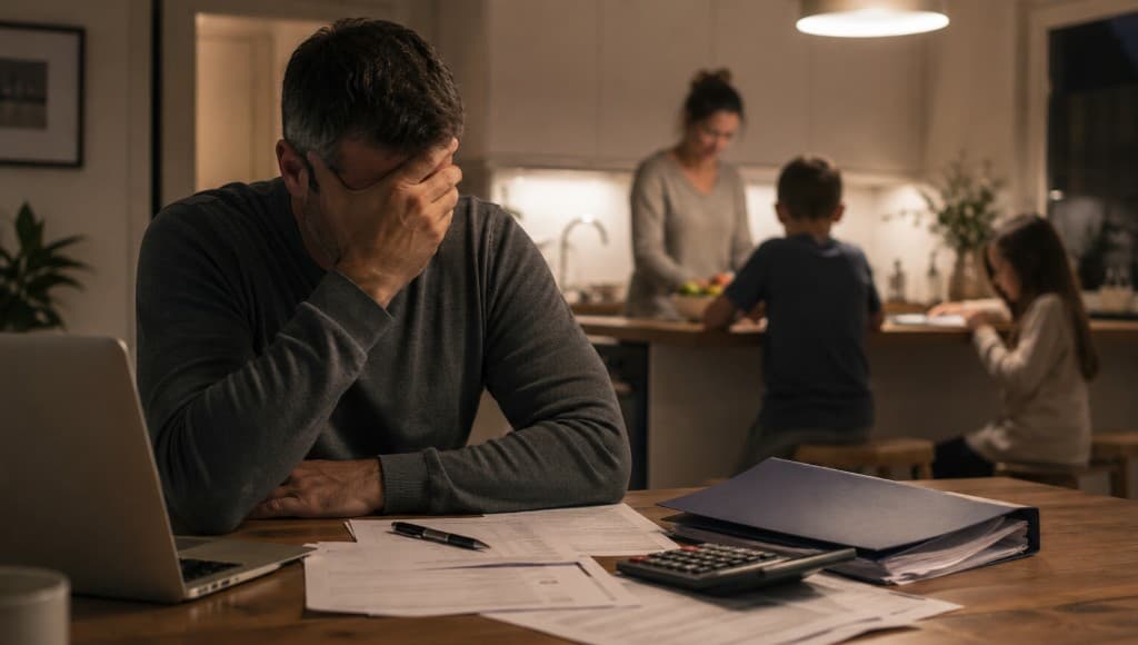 A person at a desk of papers, with family in the next room.